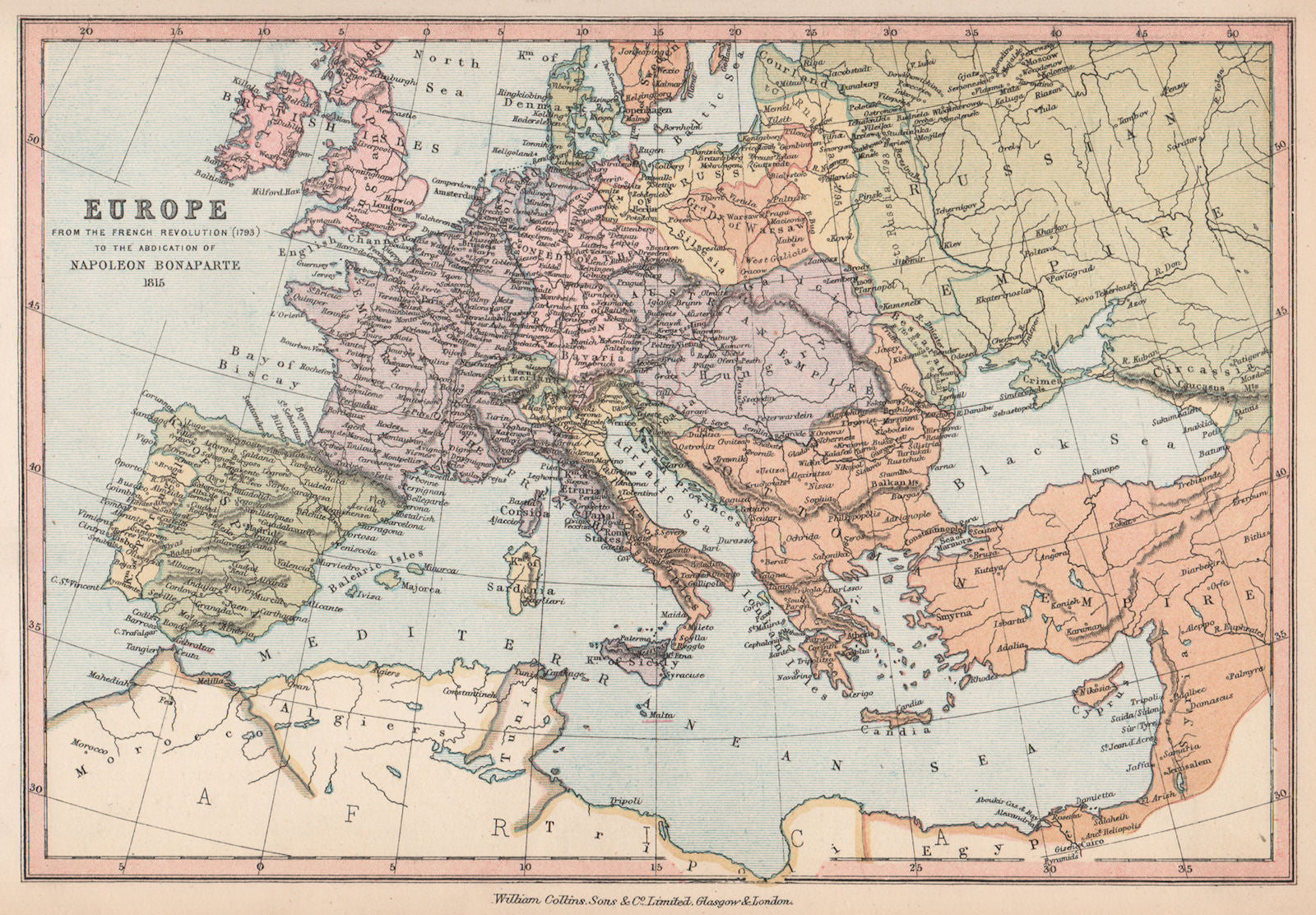 NAPOLEONIC EUROPE. French Revolution 1793- Bonaparte's abdication 1815 1878 map